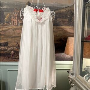 Vintage Sheer White Nightgown Red Rose Embroidery Lingerie Cottagecore Bridal